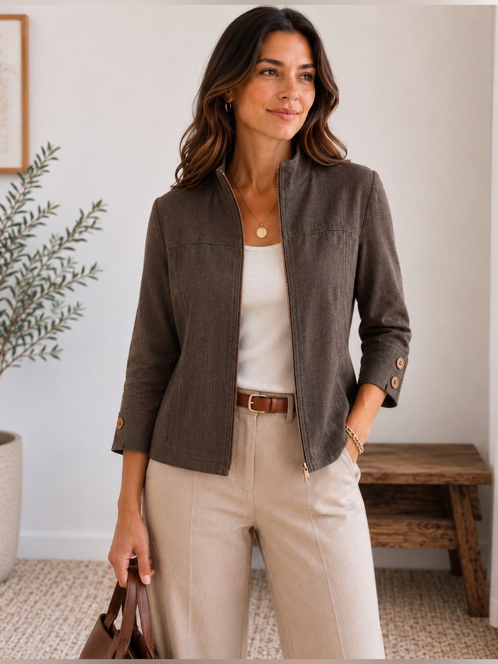 St. John Sport Stretch Zip Jacket | Brown Bronze | Small | Mock Neck